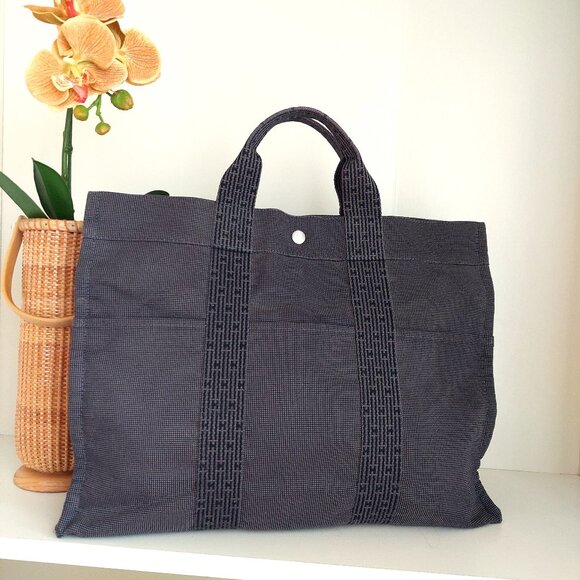 Hermes Herline MM Gray Canvas Tote Toile Fourre-Tout MM - Picture 2 of 16